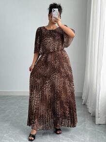 Vionelle Váy xếp ly họa tiết da báo thanh lịch cỡ lớn, Xuân/Hè - màu nâu - Xem 4