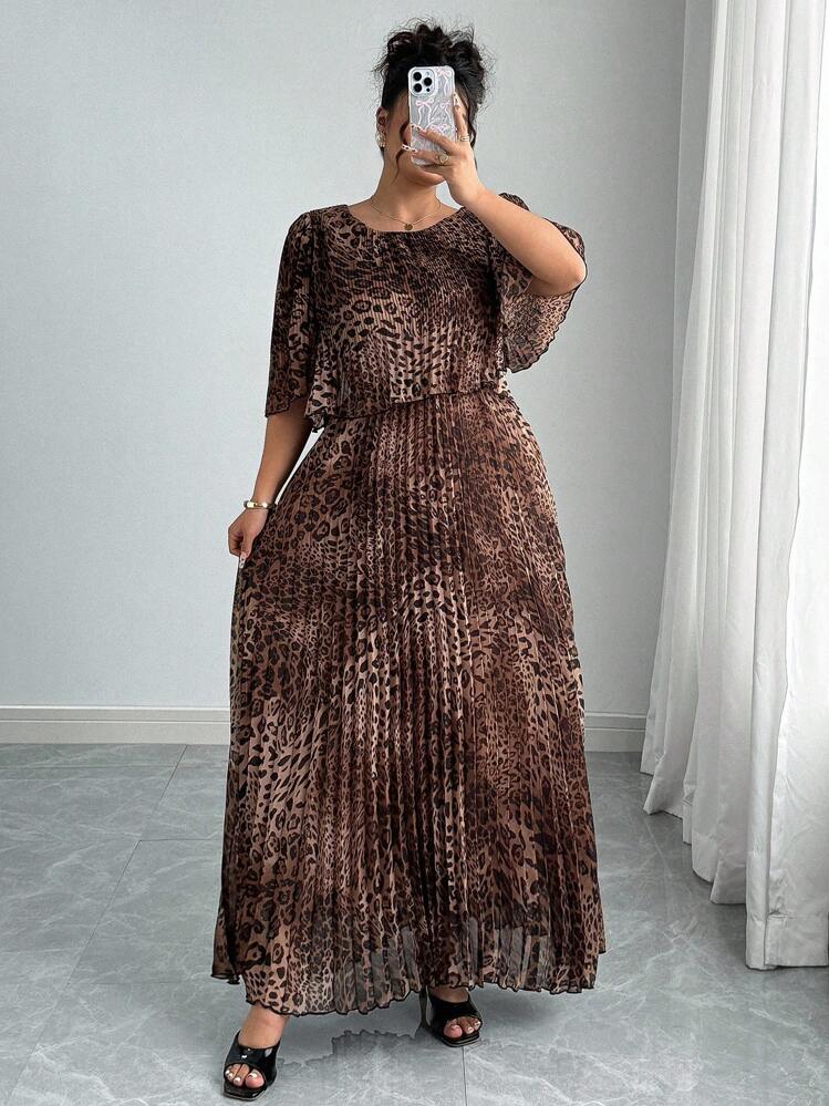 Vionelle Váy xếp ly họa tiết da báo thanh lịch cỡ lớn, Xuân/Hè - màu nâu - Xem 4