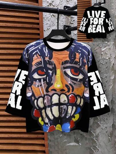 Manfinity Dauomo 男士上衣，“Live For Real”字母多色数码印花露脐上衣，街头风圆领短袖男士T恤，2025年夏季新款男士T恤，秋季