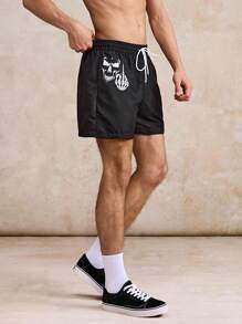 Surfspeed 男士骷髅印花速干宽松抽绳休闲沙滩短裤，时尚度假风，百搭及膝短裤 - 黑色 - 查看 3