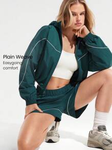 GLOWMODE 清爽光泽光滑轻质对比滚边可调节松紧带风衣连帽夹克中等强度跑步慢跑徒步健身房工作室日常休闲装 - 綠色 - 查看 1