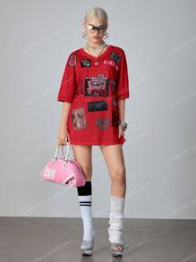 ROMWE Avant Áo thun in họa tiết cổ chữ V hở vai phong cách Y2K dành cho nữ - Đỏ - Xem 2