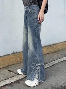 FRIFUL 女式休闲喇叭牛仔裤，带口袋和系带下摆设计 - 藍色 - 查看 2