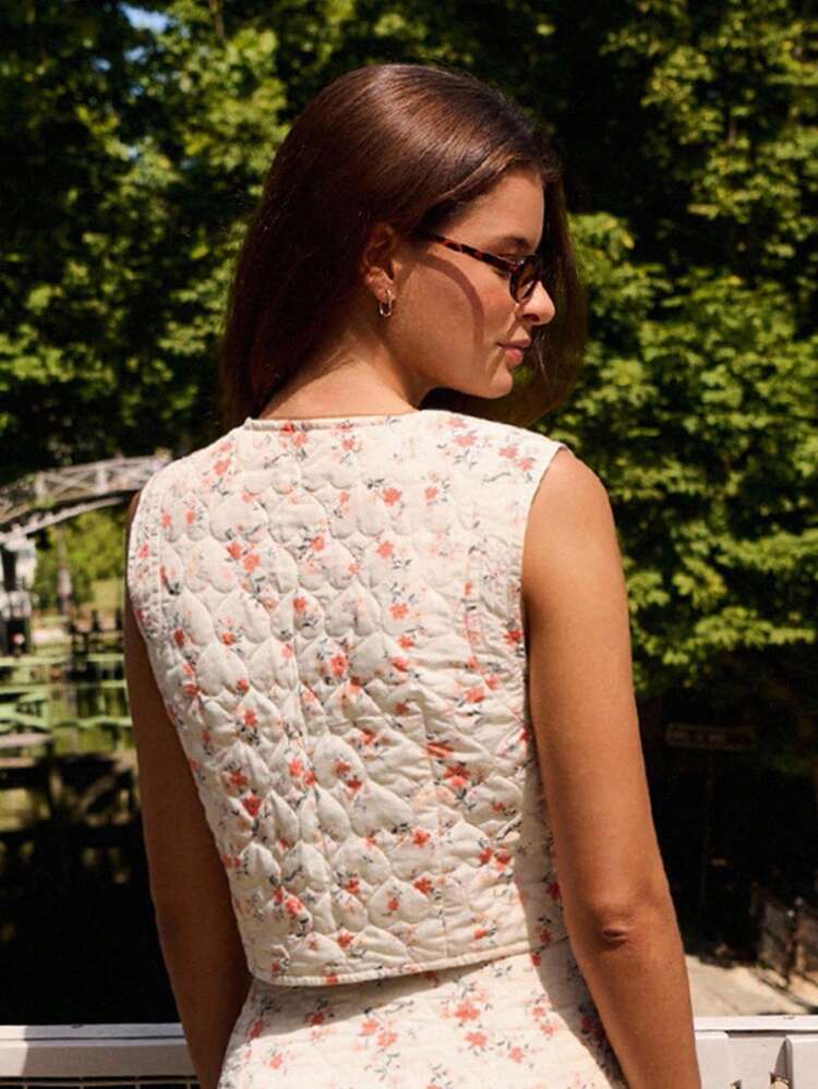 Vintage Style Floral Print Quilted Sleeveless Button Front Waistcoat Going Out Top Spring Summer Top