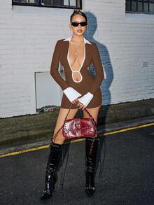 SHEIN ICON Damen Kontrastfarben Polokragen Spaltshirt, Langarm Rückenfreier Romper mit Bindedetail