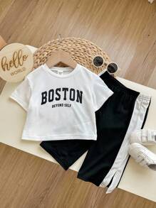 Baby Boy/Girl Casual Street Style Letter Print Short Sleeve Top Elastic Waist Color Block Pants Set - Multicolor - View 7