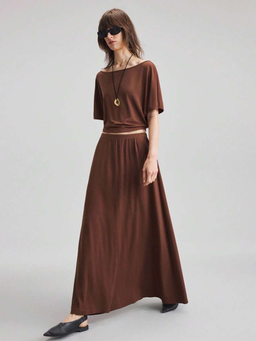 Ontre 女士教师套装，独立日风格，针织材质，粘胶纤维，棕色，四向拉伸，弹性针织面料，不对称肩部设计，两件套裙装，女士套装，极简主义设计，夏季服装，日常服饰，2025年新品