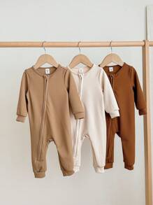 男宝宝舒适纯色圆领长袖前拉链柔软睡衣连体衣