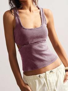 Bohemela 休闲复古美式露背纯色针织方领金属镂空设计修身短款女式背心 - 酒紅色 - 查看 4