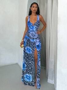 Glamine Vacay Vibes Floral Beach Graphic Print Leopard Floral Pattern Women Long Dress, Stretchy Jersey Fabric, Sexy Elegant Beach Sundress For Summer Holiday--Floral Pattern Random Fall Women Clothes Back To School