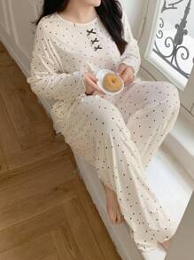 Dazy Plus 大码女式蝴蝶结装饰撞色蕾丝波点宽松睡衣套装，上衣和裤子，舒适套装，秋冬服装 - 白色 - 查看 8