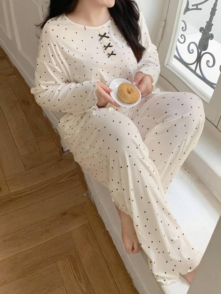Dazy Plus Plus Size Women Bow Decor Contrast Lace Polka Dot Loose Pajama Set, Top And Pants, Cozy Outfits, Fall Winter Clothes