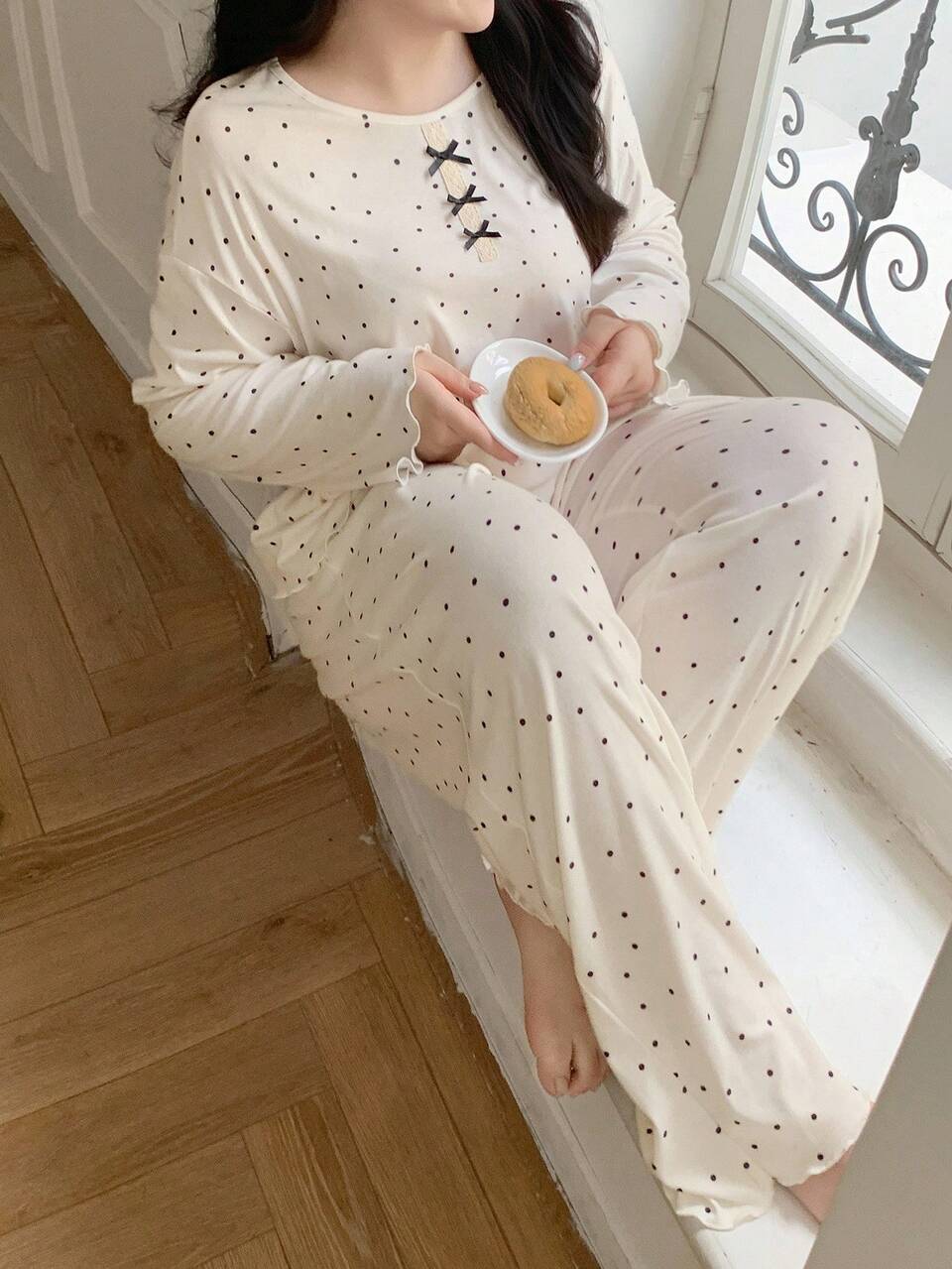 Dazy Plus Plus Size Women Bow Decor Contrast Lace Polka Dot Loose Pajama Set, Top And Pants, Cozy Outfits, Fall Winter Clothes
