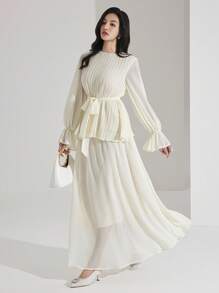 Heiryn 女士纯色褶裥喇叭袖衬衫和半裙优雅两件套，适合秋季穿着，也适合约会之夜、婚礼宾客、国庆节等场合。 - 杏色 - 查看 4