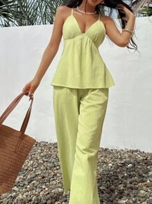 INAWLY Women Summer Solid Color Pleated Camisole And Pants Casual 2pcs Set - Yellow - View 4