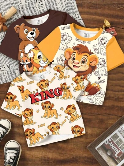 Set de 3 camisetas de manga corta casuales para niño pequeño, con estampados lindos de animales de dibujos animados, león, oso, letras, graffiti, estilo deportivo, cuello redondo, adecuado para el verano