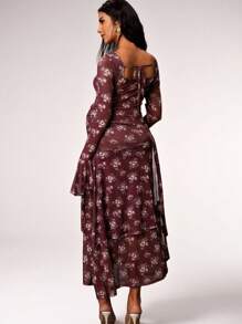 MaterniChic Váy bầu in hoa tay loe viền bèo nhún thanh lịch - Màu Đỏ Sâu - Xem 2