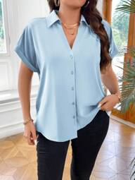 Vionelle Camisa de mujer de manga corta de unicolor versátil y casual para tallas grandes, de verano