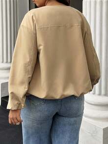 SHEIN LUNE Áo khoác trơn màu thường ngày cỡ lớn - Màu Khaki - Xem 2