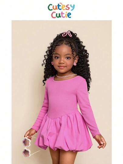 Young Girl Knitted Crew Neck Top With Woven Floral Hem Casual Dress Fall Winter