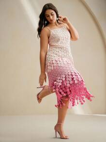 Anewsta 圆形流苏镂空刺绣高腰吊带裙，飘逸透气，女士夏季节日装 - 粉色 - 查看 1