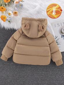 SHEIN 女婴/幼儿加厚羽绒服，新款冬季连帽仿毛皮内衬外套，带拉链和真口袋，前短后长，时尚秋季设计