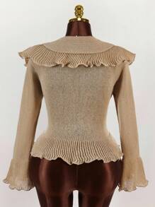 SHEIN CURVE+ Áo khoác cardigan tay loe bèo nhún cỡ lớn thời trang thu đông cho nữ phong cách mới, thời trang, gợi cảm, ngọt ngào, cỡ lớn - Màu Khaki - Xem 2