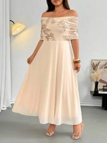 Firerie Plus Size Women's Elegant Delicate Romantic Wedding Guest Party Gown, Textured Fabric Off Shoulder Draped Ruffle Embroidered Mesh Maxi Dress, Summer - Apricot - View 7