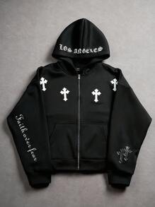 Manfinity EMRG 男士休闲户外风衣夹克，带十字架印花和皮革贴片，街头风格，连帽拉链设计，适合日常穿着、郊游、学校、派对、音乐节。可作为礼物送给朋友、男朋友、信仰战胜恐惧连帽衫、哥特式连帽衫、基督教连帽衫、基督教街头服饰、十字架连帽衫、基督教拉链连帽衫、宗教连帽衫、秋季、垃圾摇滚