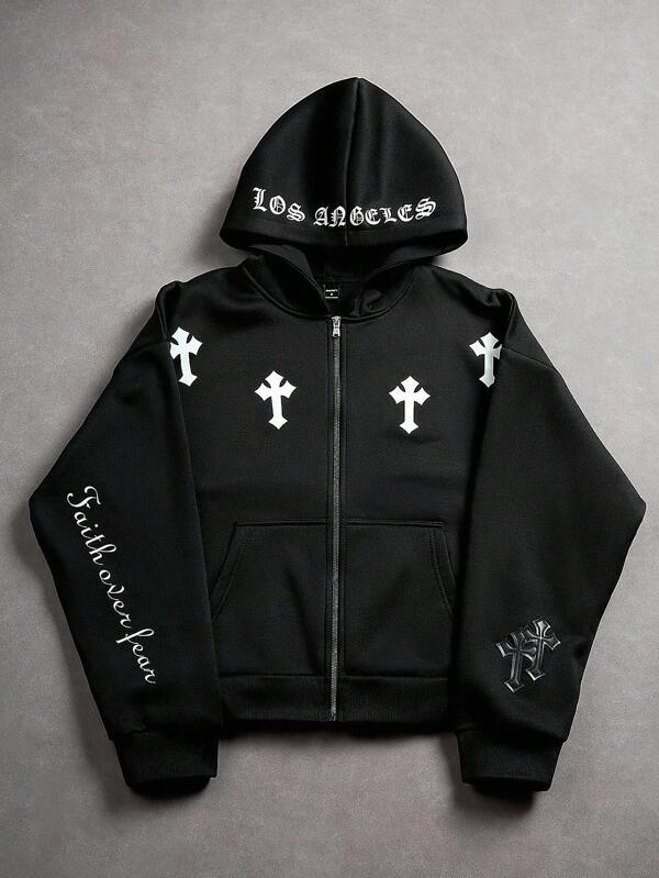 Manfinity EMRG Chaqueta cortavientos casual para hombre con estampado de cruz y parche de cuero, estilo streetwear, diseño con capucha y cremallera, adecuado para uso diario, salidas, escuela, fiestas, festivales de música. Puede ser un regalo para amigos, novio. Fe sobre miedo sudadera con capucha, sudadera gótica, sudadera cristiana, ropa urbana cristiana, sudadera con cruz, sudadera con cremallera cristiana, sudaderas religiosas, otoño, grunge