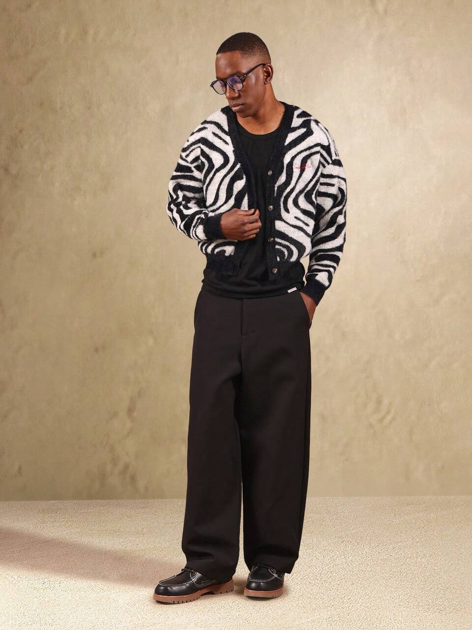 Fuzzy Knit Cardigan With Zebra Pattern Print
