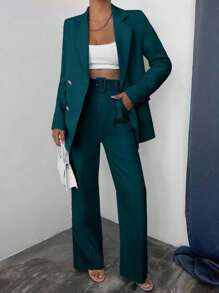EURMUSE Women's Solid Color Double-Breasted Jacket And Pants Suit Set - Teal Blue - View 1