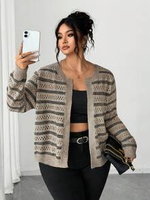 Elenzga Women's Plus Size Khaki Striped Knitted Cardigan,Smart Casual Round Neck Open Knit Crop Top For Autumn Vacation Winter,Fashionable Versatile Jacket - Camel - View 1