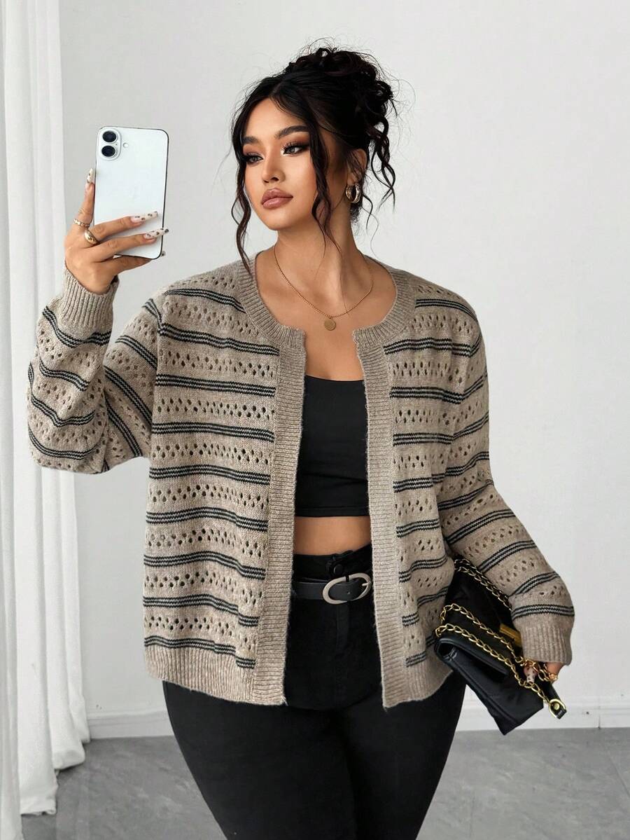 Elenzga Women's Plus Size Khaki Striped Knitted Cardigan,Smart Casual Round Neck Open Knit Crop Top For Autumn Vacation Winter,Fashionable Versatile Jacket - Camel - View 1
