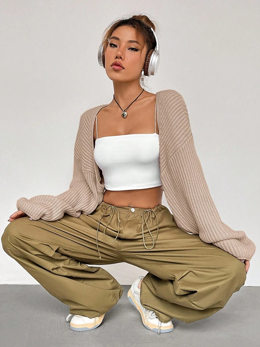 Flirla 女式纯色落肩长袖休闲开衫 - 卡其色 - 查看 1