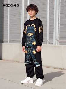 2pcs/Set Tween Boy's Casual Bear Graphic Sweatshirt And Sweatpants Set, Suitable For Leisure And Sports Wear Fall Winter - Black - View 1