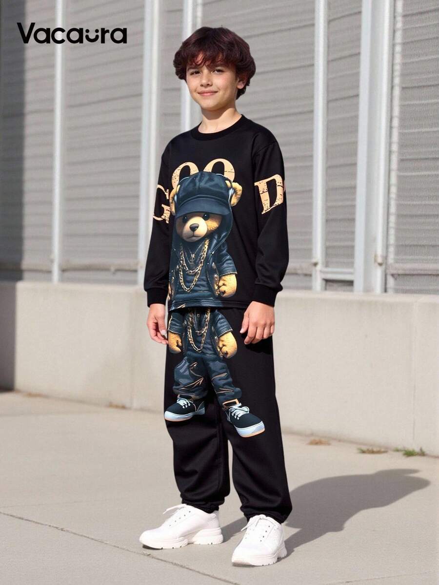 2pcs/Set Tween Boy's Casual Bear Graphic Sweatshirt And Sweatpants Set, Suitable For Leisure And Sports Wear Fall Winter - Black - View 1