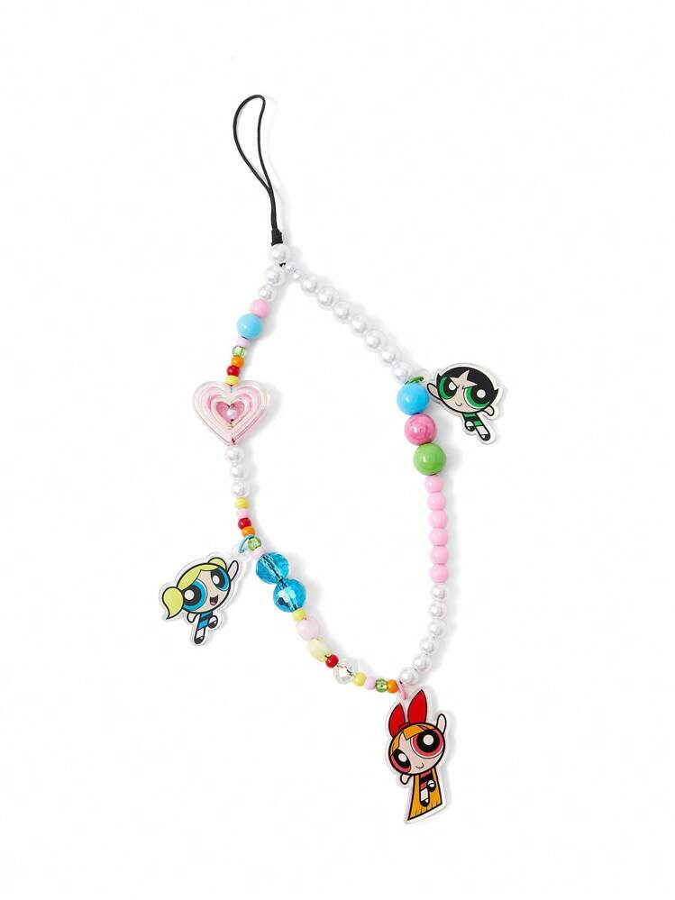 THE POWERPUFF GIRLS X SHEIN 时尚可爱的花朵、泡泡、毛茛图案亚克力手工串珠仿珍珠手机挂绳，彩色手机吊坠 - 彩色 - 查看 4