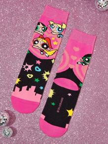 THE POWERPUFF GIRLS X SHEIN 2 đôi tất cổ cao mềm mại, thoáng khí, thấm hút mồ hôi dành cho nữ, họa tiết hoa, bong bóng, hoa mao lương, thời trang và dễ thương, màu trắng và hồng, mũi và gót được gia cố, bền bỉ, phù hợp cho mọi mùa, mọi phong cách - Nhiều màu - Xem 9