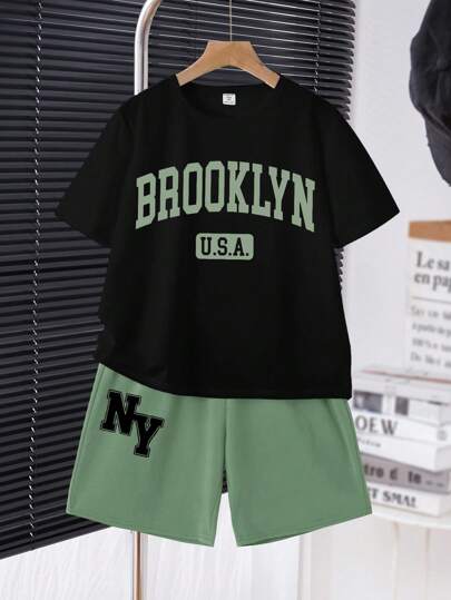 SHEIN Leap Crew Tween Boys Casual Minimalist Short Sleeve T-Shirt And Shorts Set, 2PCS, Summer