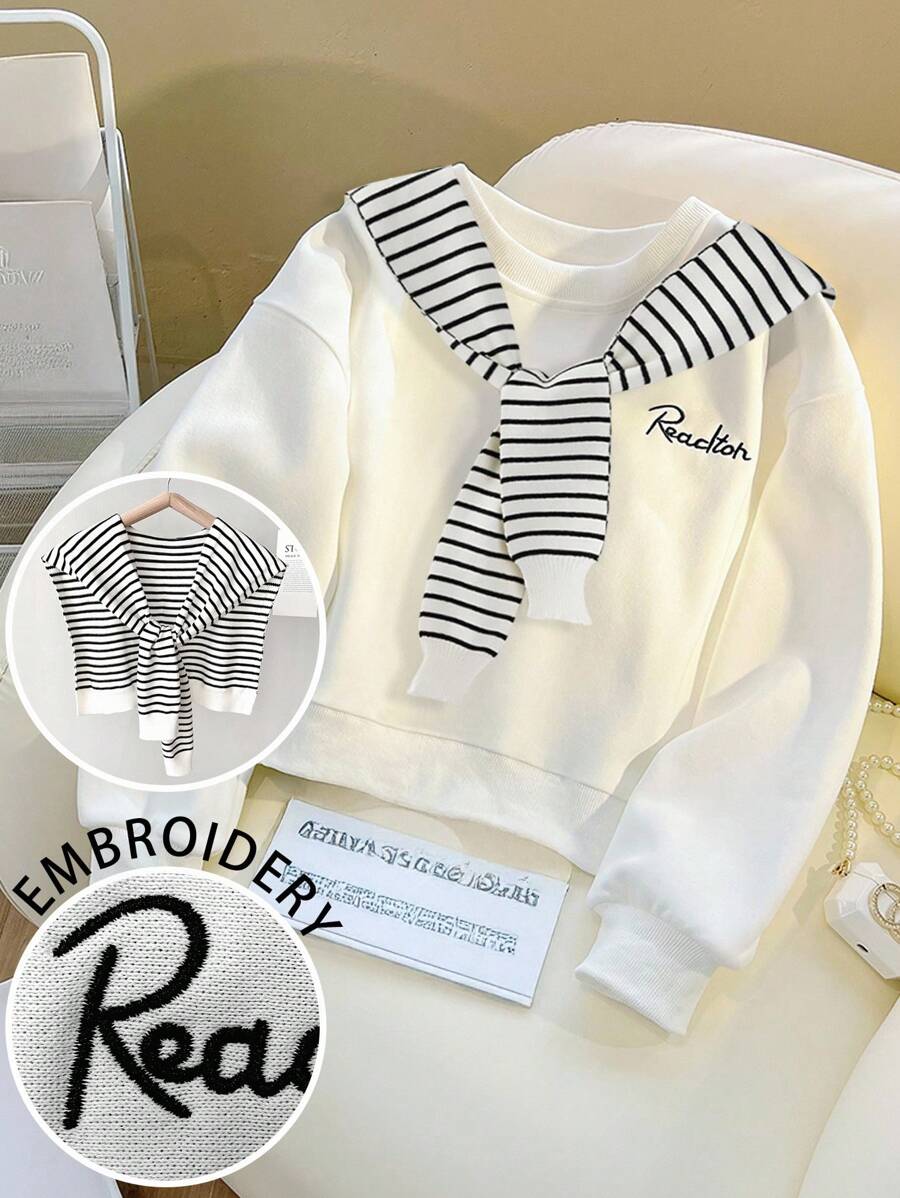 SHEIN Casual Versatile Letter Embroidered Crew Neck Long Sleeve Sweatshirt Pullover Fall - White - View 1