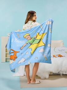 LE PETIT PRINCE X SHEIN 1pc Thickened Flannel Blanket With Fox, Star And Moon Patterns In Blue, For Bed And Sofa - Blue - View 2
