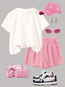 SHEIN 2 件套格子复古樱桃图案少女休闲简约圆领短袖 T 恤和短裤套装，适合春夏季 - 彩色 - 查看 2