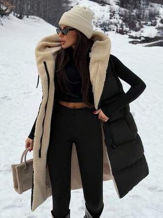 EURMUSE Clasi Two-Tone Reversible Padded Zipper Front Pockets Drawstring Hood Vest Jacket