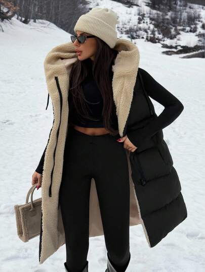 EURMUSE Clasi Tvåfärgad Vändbar Vadderad Dragkedja Framfickor med Dragsko och Huva Västjacka