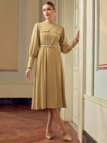 ZEYLAH Women's Elegant Solid Color Long Sleeve Midi Dress, Suitable For Commuting Fall Cloth For Women - Khaki - View 6