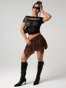 SHEIN ICON 性感低腰褶饰腰带蕾丝不对称下摆半身裙 - 棕色 - 查看 5