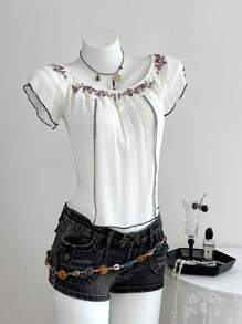 Elamini 女式刺绣露肩休闲衬衫 - 白色 - 查看 3