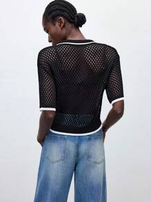Maija 女士宽松蝙蝠袖圆领镂空针织开衫，商务休闲，适合音乐节，波西米亚风格 - 黑色 - 查看 2