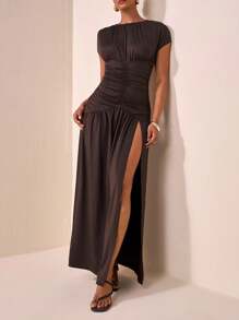 Veslaya Vestido sexy de manga corta con cuello redondo, plisado lateral y bajo con abertura, adecuado para mujer de talla grande en ocasiones casuales, diarias, citas, viajes, trabajo, elegante y playa, apto para otoño, invierno, primavera y verano - Marrón - Ver 13